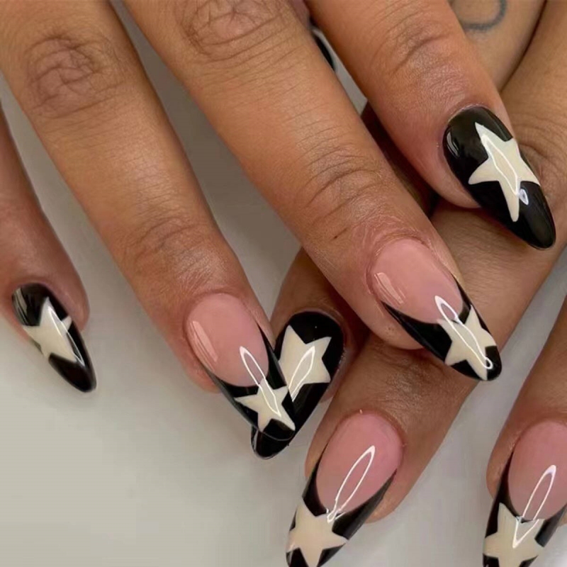24Pcs Long T-shaped Wearing Nail DIY Nail Art Y2K Black and White Star Nail Beauty Charm Gift Jelly Gel and Nail Rubbing Strips