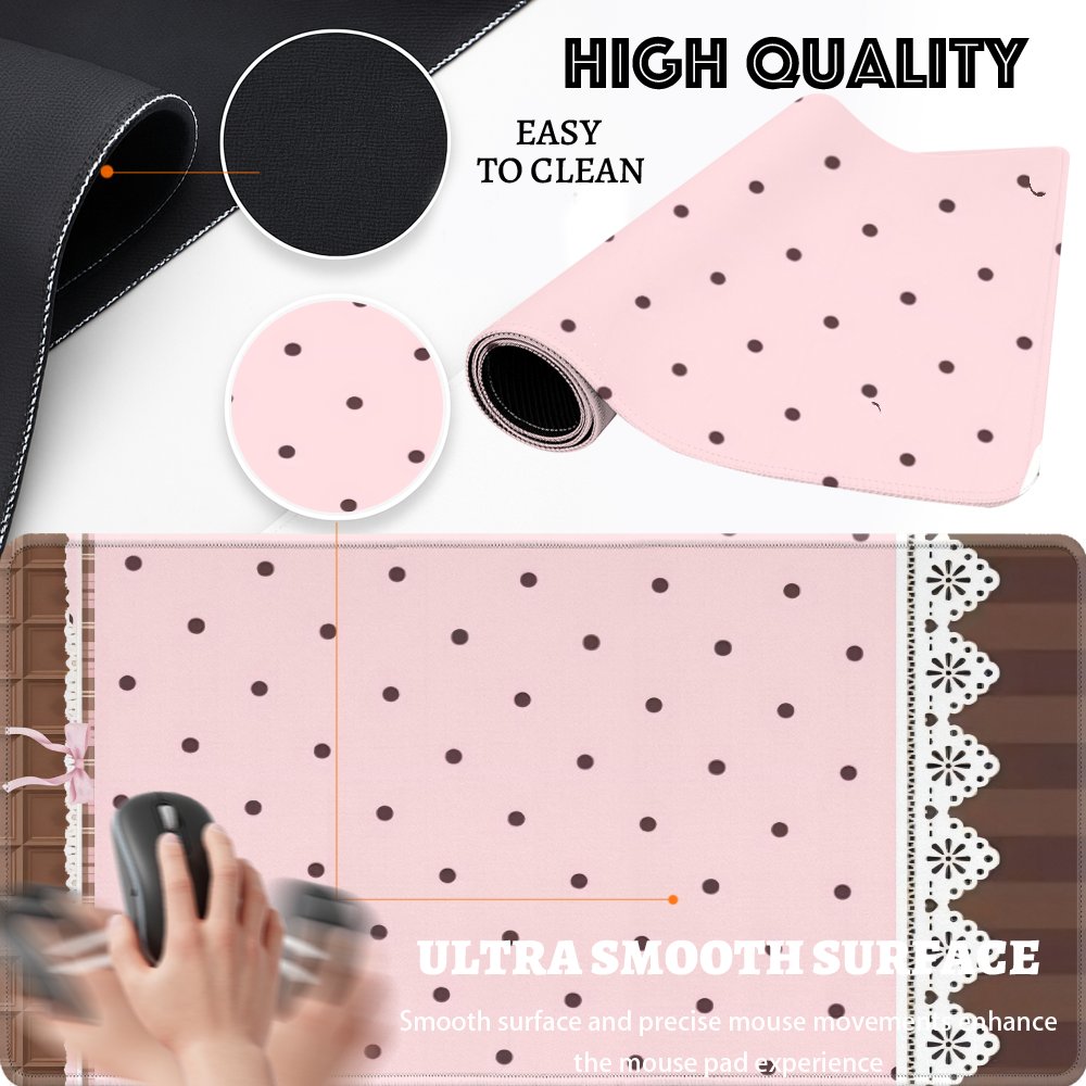 Pink Polka Dot Desk Mat, Lace Extended Non-Slip Mouse Pad for Gaming Office