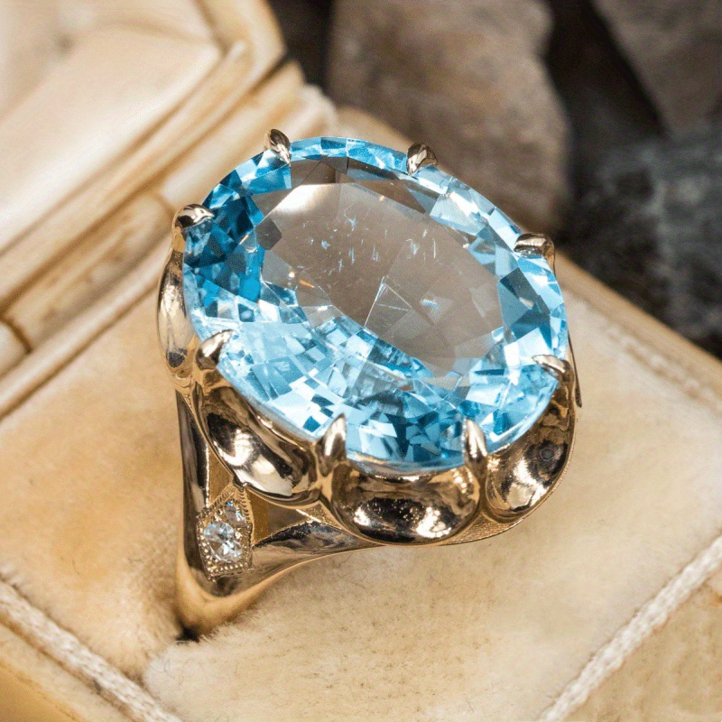 Gorgeous Charming Large Oval Blue Cubic Zirconia Stone Ring Women Fashion Golden Color Crystal Zircon Ring Bridal Trendy Jewelry
