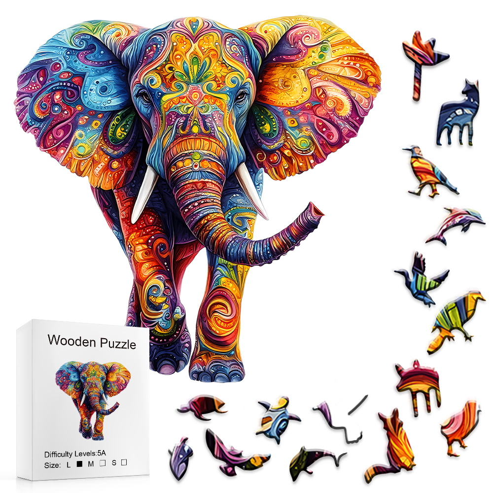 Colorful Elephant Wooden Puzzles for Adults - Irregular Animal-Shaped Brain Teasers with Decorative Art Design - Unique Party Ga