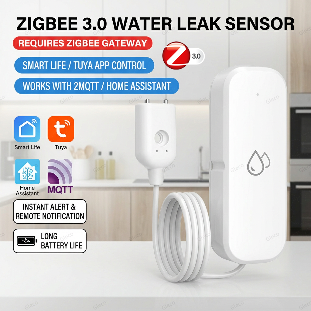 Zigbee Smart Water Leak Sensor Flood Leakage Detector Linkage Alarm Sensor for Kitchen/Bathroom,For Z2M,Zigbee Gateway Required