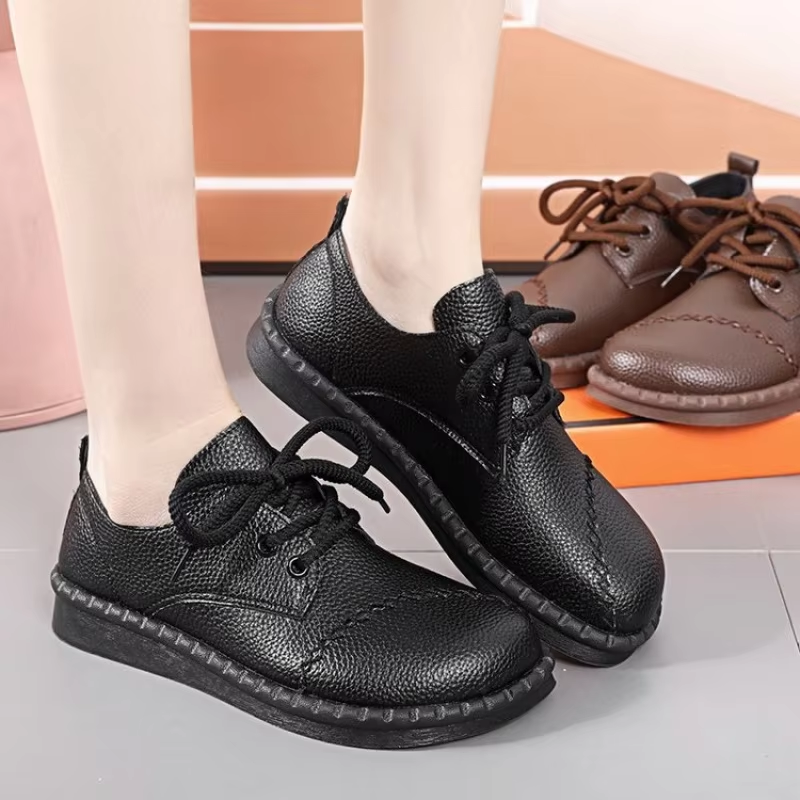 2025 New Women's Comfort Flats - Leather Lace-Up Shoes with Anti-Slip Cushioned Sole, Fall/Winter Casual Shoes for Mothers