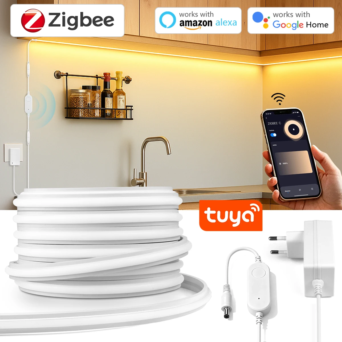 Tuya Zigbee Smart Neon LED Strip Light DC 24V Flexible Silicone Tape Works with Zigbee Hub Gateway Alexa Home APP Voice