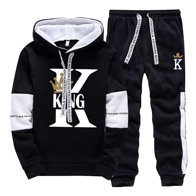 King Queen Printing Mens Womens Tracksuit Hot Sales Casual Hooded Sweatshirts Sweatpants 2 Pcs Set Home Street Couple's Clothing