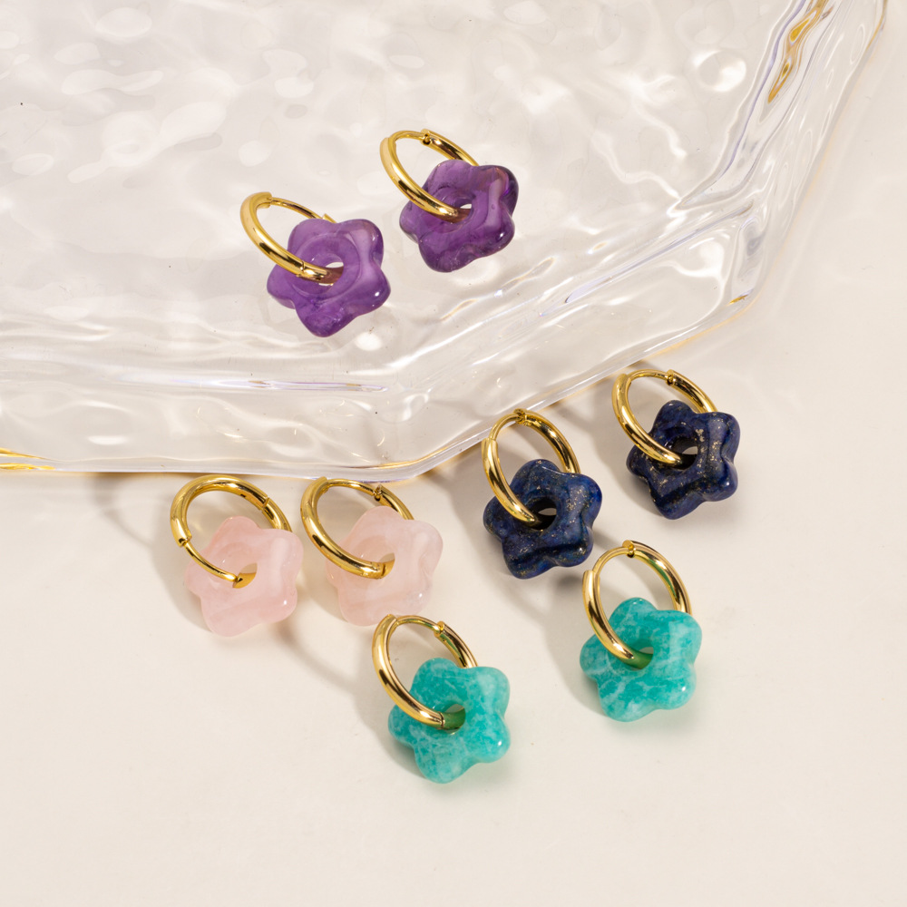 1pair Natural Stone Flower Pendant With Stainless Steel Hoop Earrings Amethyst Lapis Lazuli Earrings For Woman