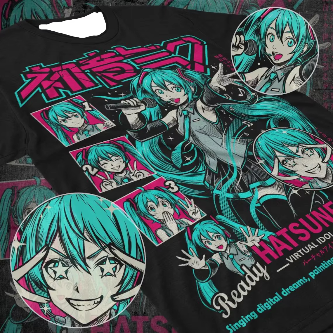 Bandai Hatsune Miku 2026 New Hot Cyber-style T-shirt! Comic Panel High-saturation Neon Print. A Must-have for Virtual Idol Fans!