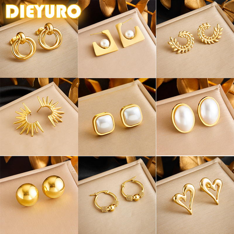 DIEYURO 316L Stainless Steel Love Pearl Round Square Fan Shaped Irregular Design Earrings Women New Trend Ear Jewelry Party