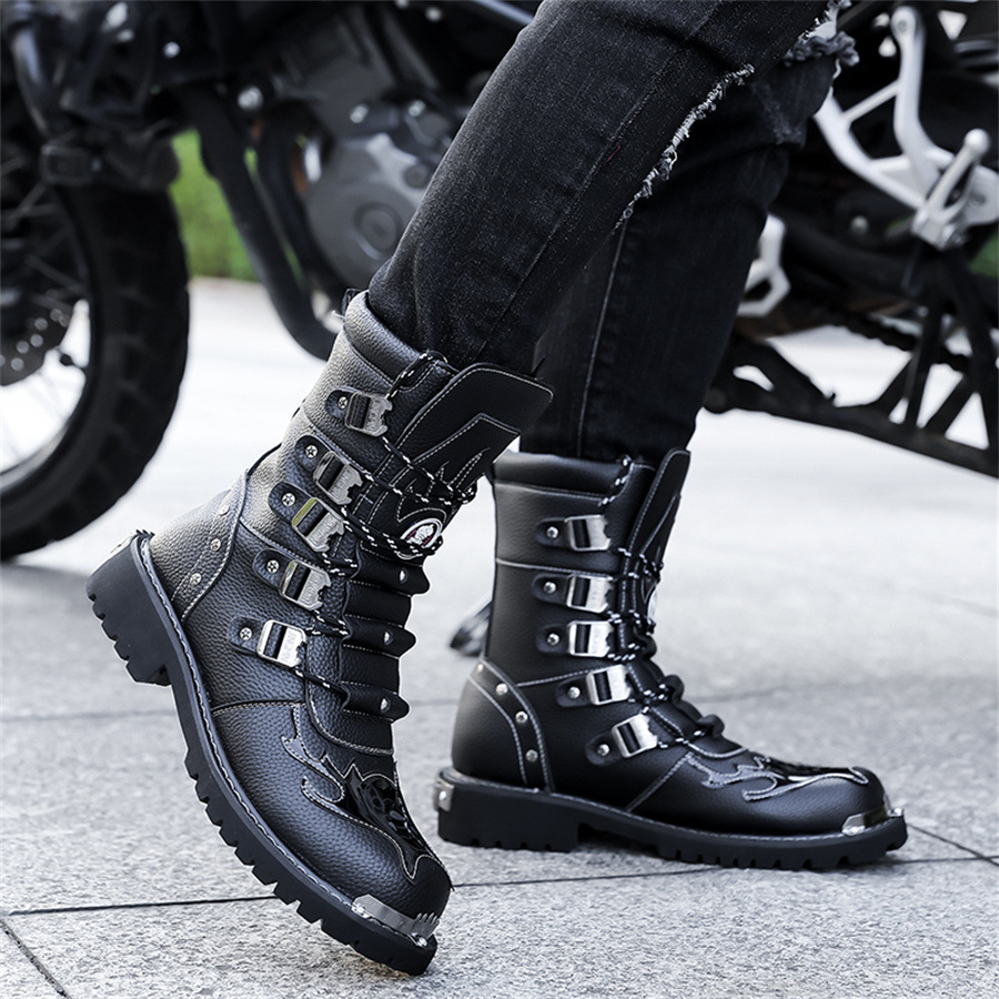 High Quality Men's Boots Fashion Punk Rock Style Motorcycle Boots Luxury Mid-Calf Leather Boot Mens Knight Boots Botas Masculino