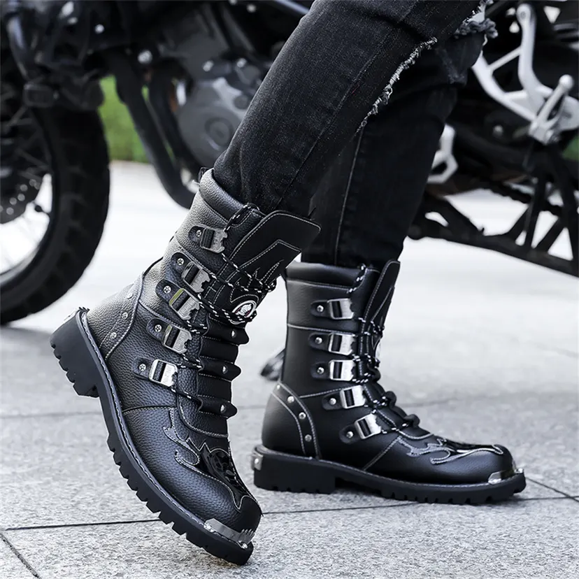 High Quality Men's Boots Fashion Punk Rock Style Motorcycle Boots Luxury Mid-Calf Leather Boot Mens Knight Boots Botas Masculino