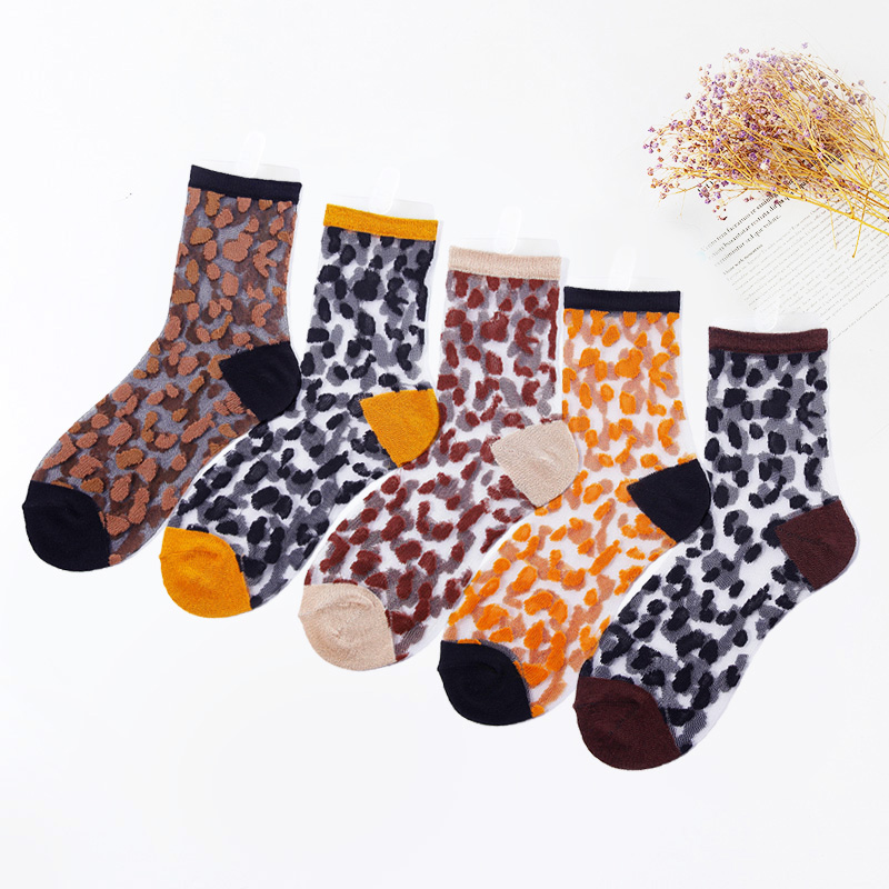1 Pair Women's Leopard Grain Crystal Silk Socks, Glass Silk, Ultrathin Transparent Lace, Ladies Fashion, , Fabulous, Summer