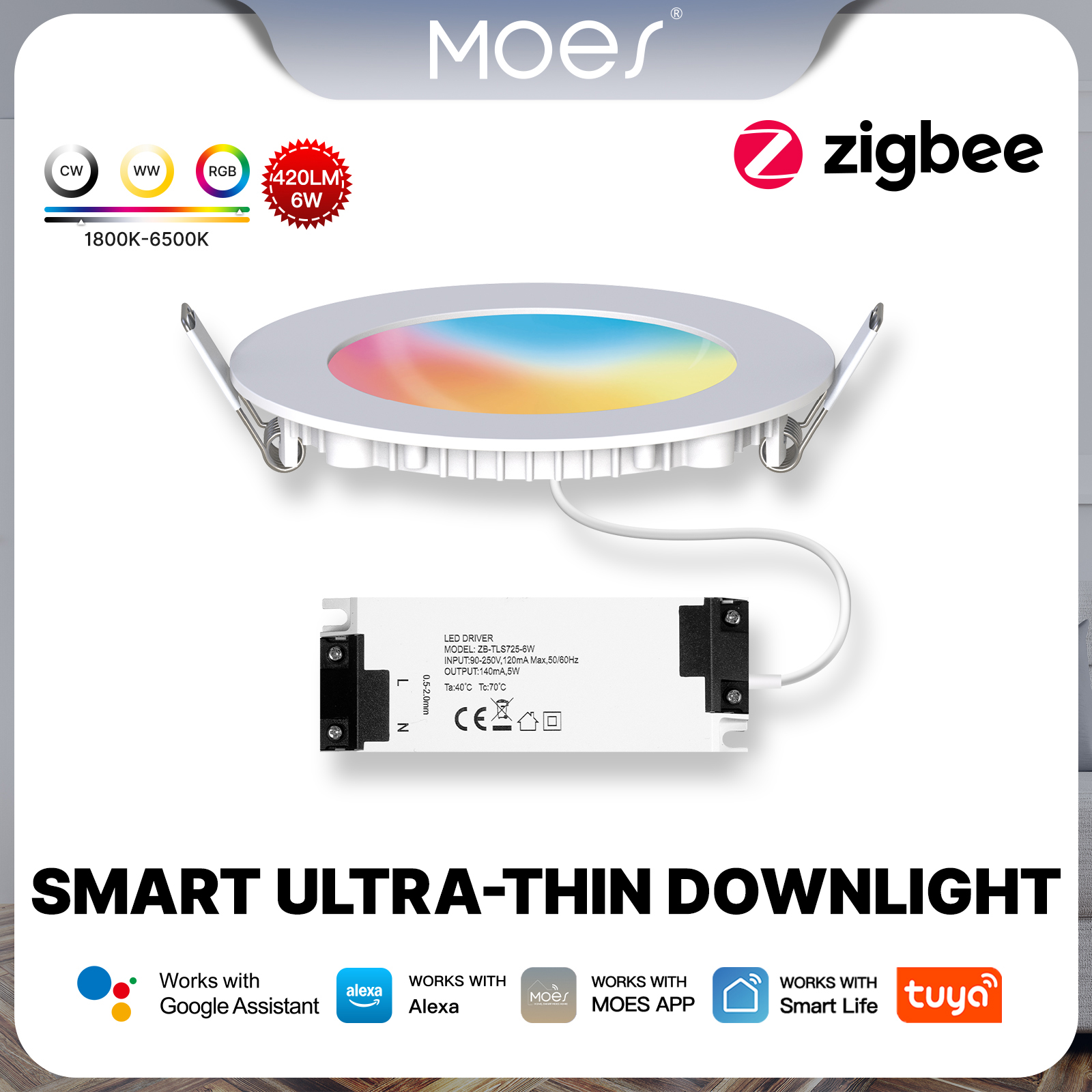 MOES ZigBee Downlight Tuya Thin Dimming Spot Lamp 6W RGB Change Warm Cool Light Work with Alexa Home Smart Life In Party