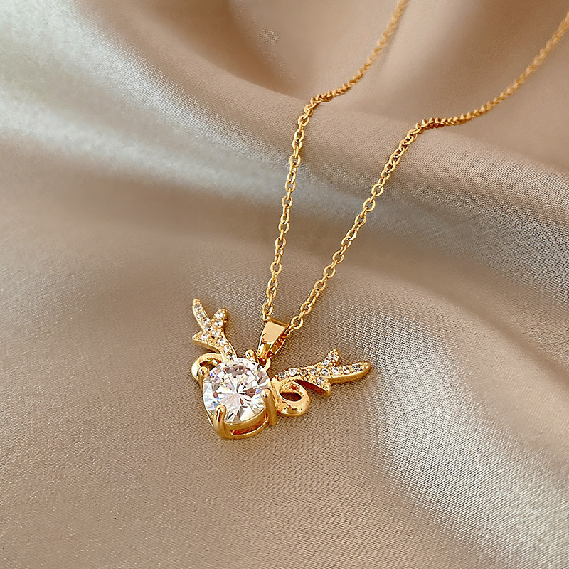 Cute Romantic Luxury Crystal Antlers Necklace High Quality Stainless Steel Zircon Clavicle Chain Jewelry Female