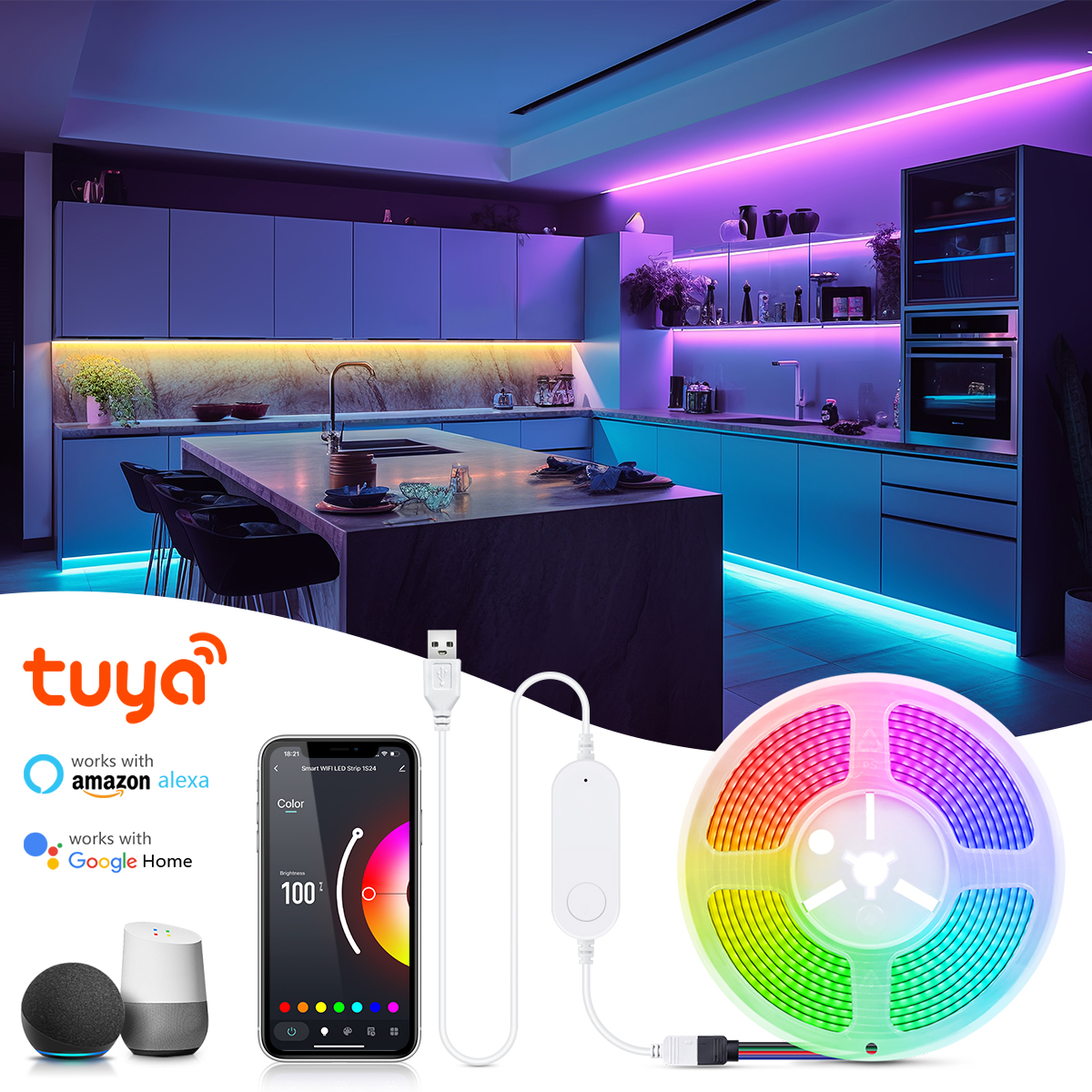 Tuya Smart APP Control WiFi /Bluetooth RGB LED Strip Light Dimmable USB COB Adhesive Ribbon for TV Computer Ambinet Backlight lightify
