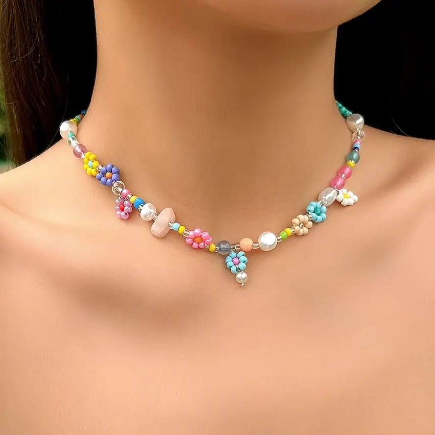 Boho Simple Beads Imitation Pearl Choker Necklace Women Men Vintage Stainless Steel Handmade Chain Aesthetic Y2K Jewelry Gift