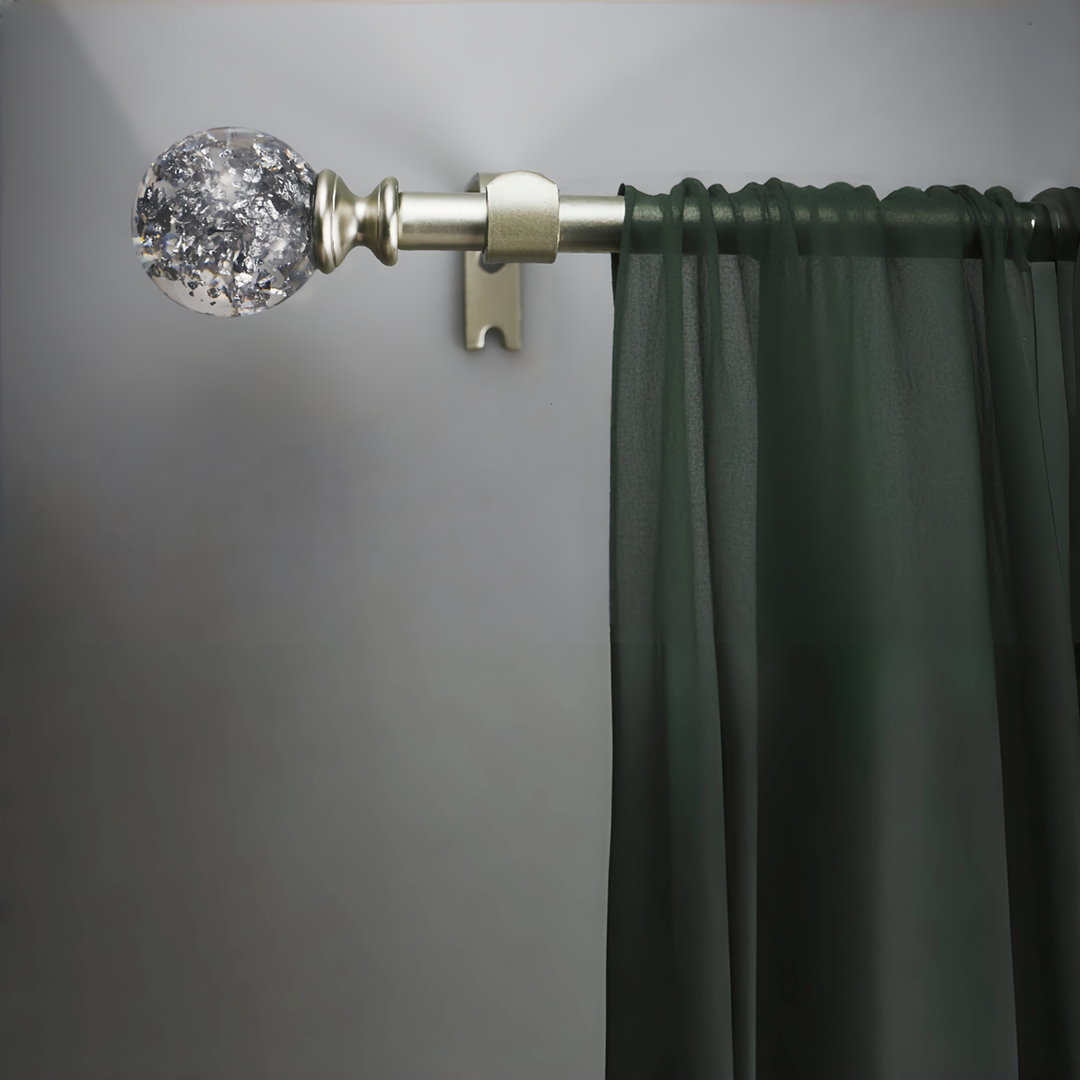 A Silver Decorative Crystal Curtain Rods, Heavy Duty Adjustable Window Curtains Rods for Bedroom, with Sheer Bling Foil Finials