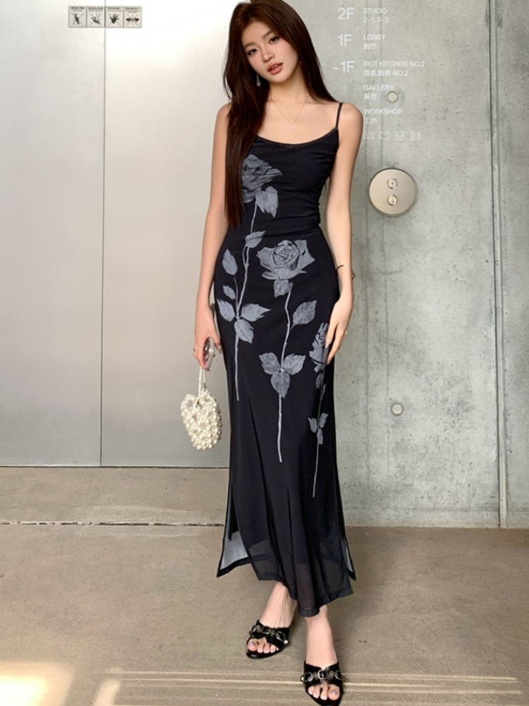 2026 Spring Summer New Women's Design Sense Stretch Mesh Rose Print Bodycon Cami Dress Korean-style Bodycon Maxi Dresses