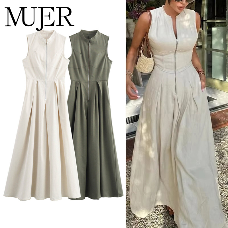 MUJER Zipper Long Dress Pleated Sleeveless Bodycon Dress Elegant Summer Party Midi Dress For Women Fashion 2025 New