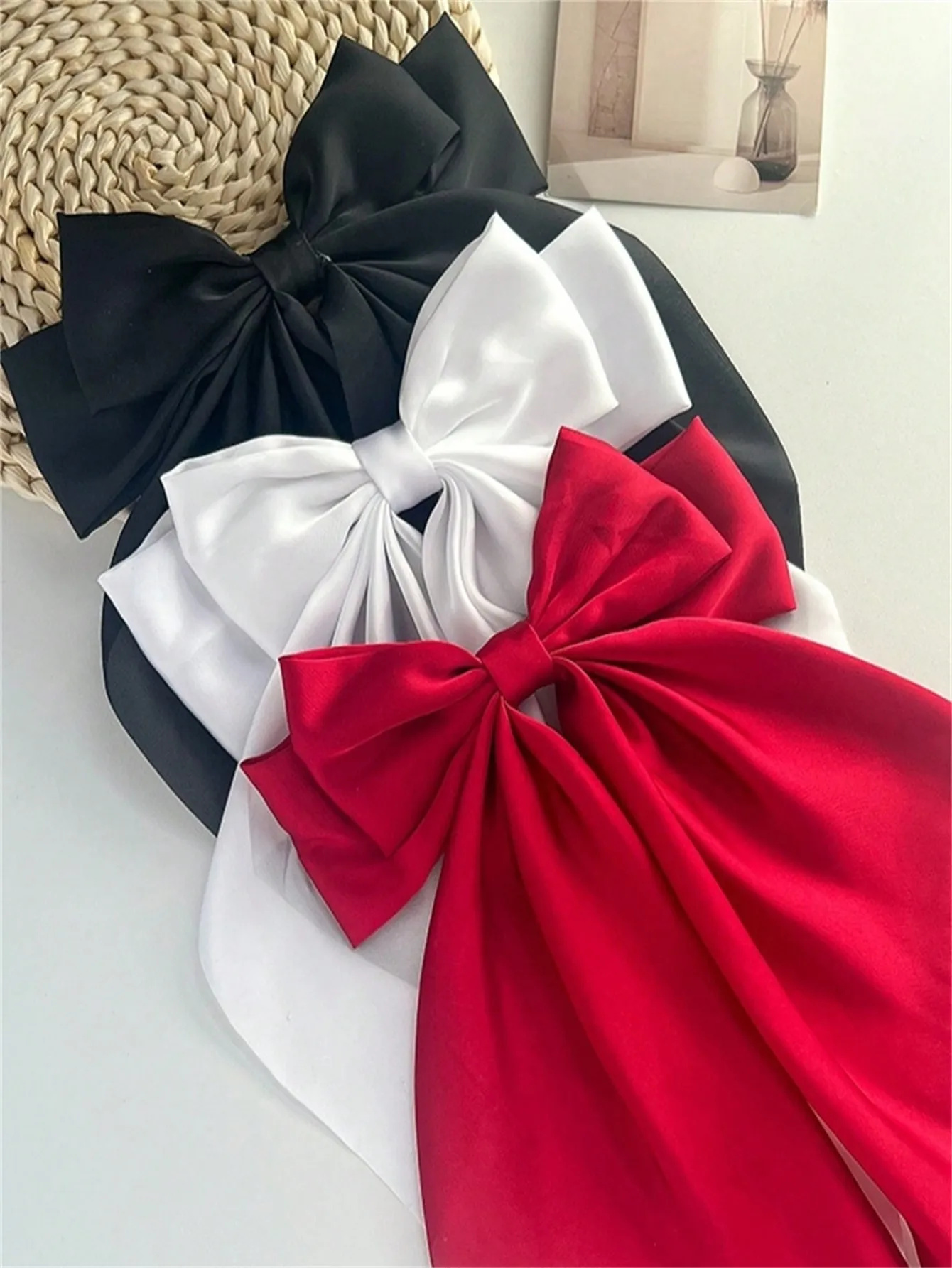 1pcs Wome Solid Color Satin Ribbon long Big Bows Hairpin Internet red Spring Clips Hair Accessories for Girls Trendy Summer He