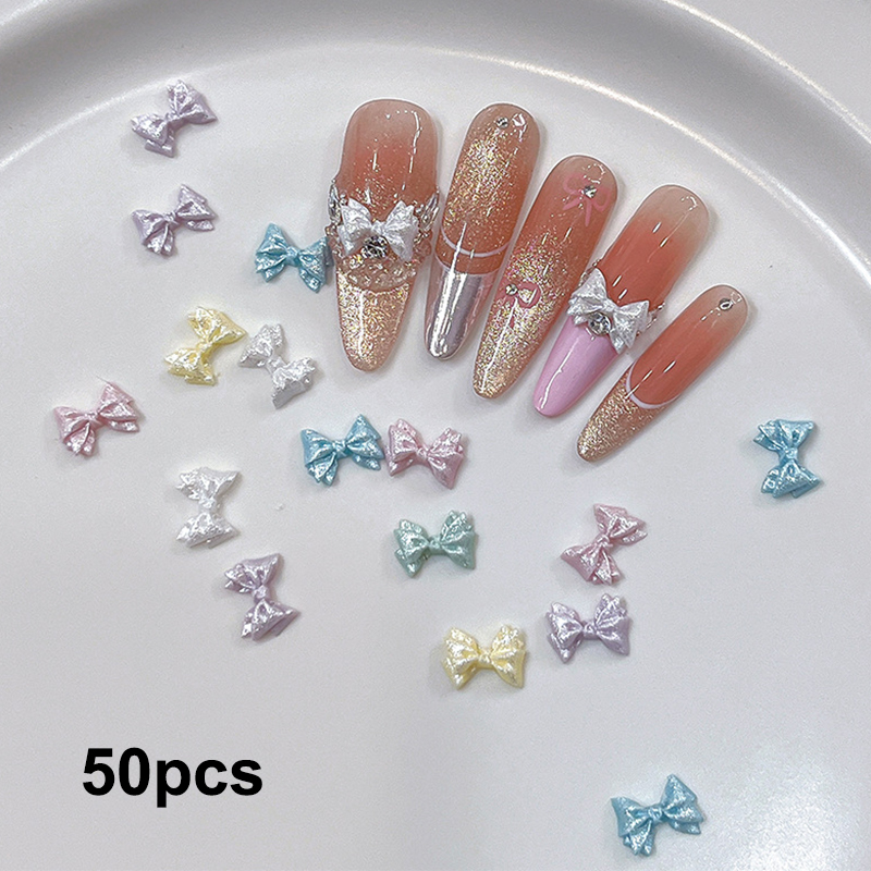 New 50PCS Pearlescent 3D Nail Art Bow Charm For Nails Decoration Design Kawaii Manicure Accessories Bow-knot DIY Craft Supplies