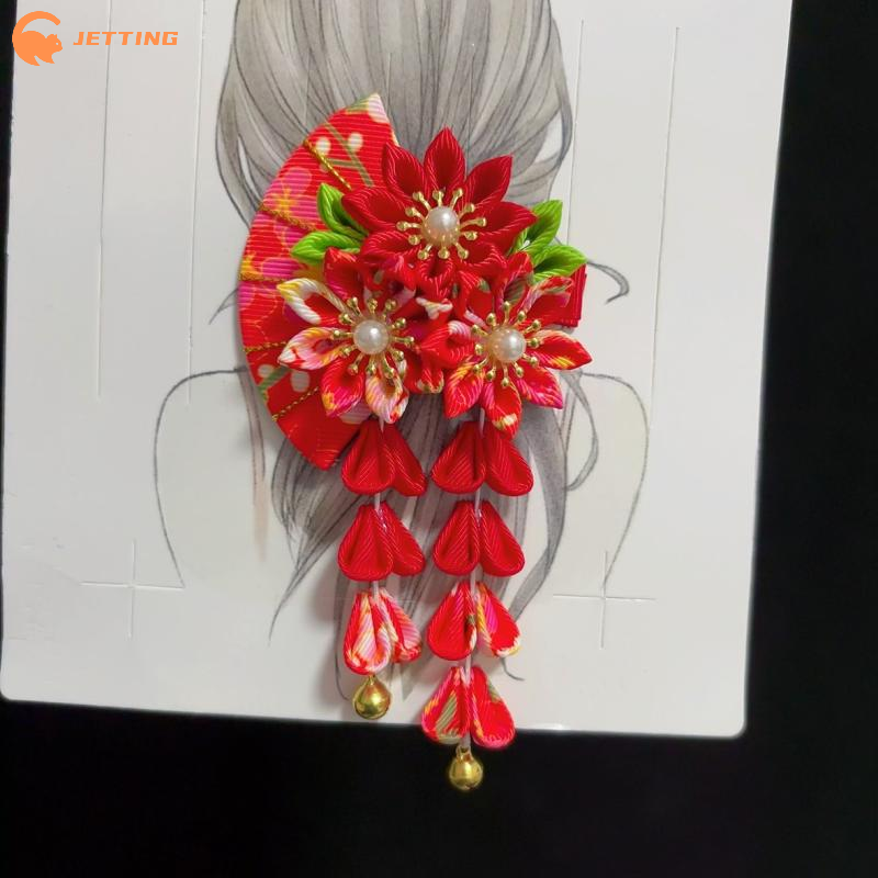 1PCS Japanese Kimono Fabric Flower Folding Fan Children Hair Accessories Clip Tassel Headwear Headdress Barrette