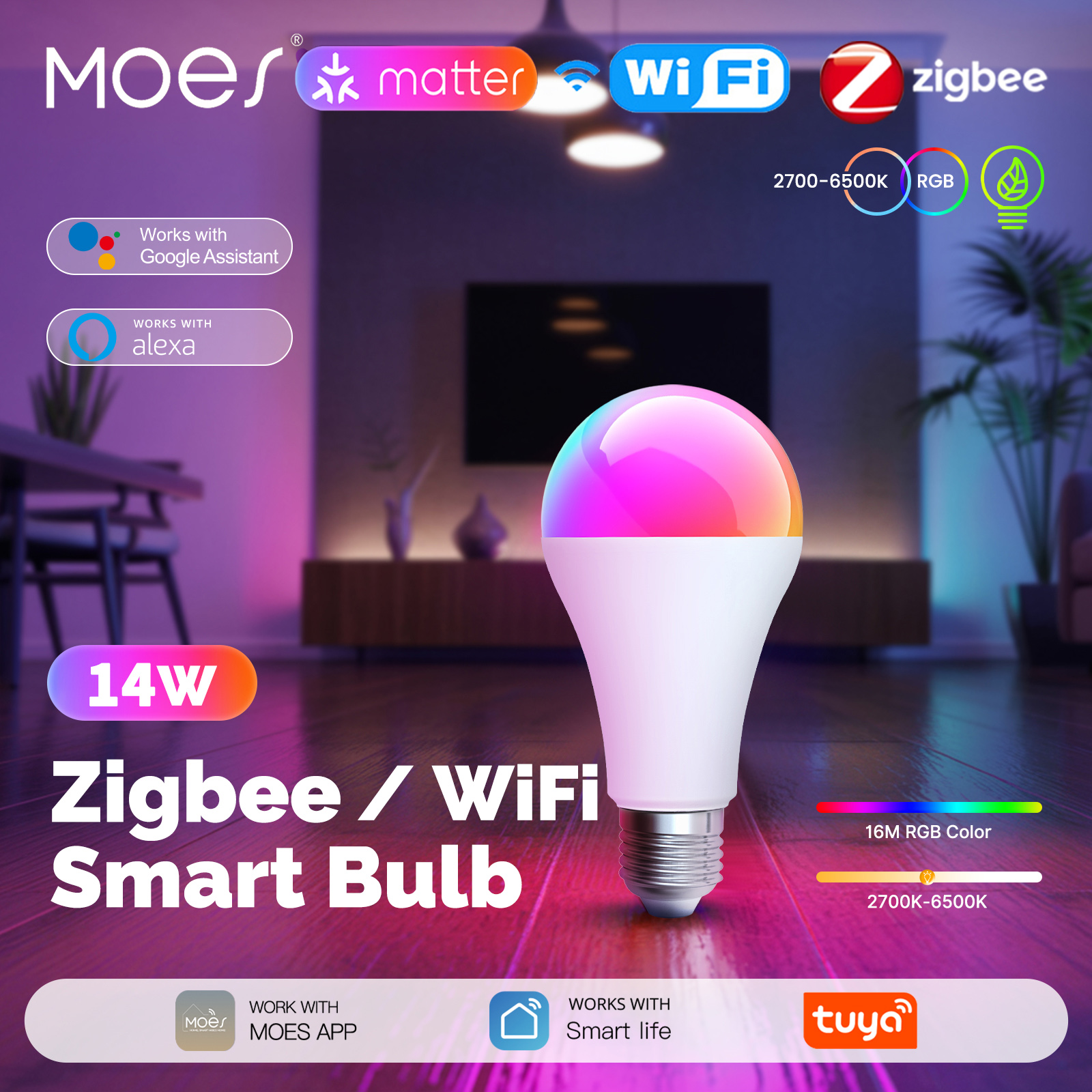 MOES Tuya Smart Matter WiFi/Zigbee 14W LED Bulb E27 Music Sync Functional 16M RGB Scenarios Light Intelligent Voice APP Control lightify