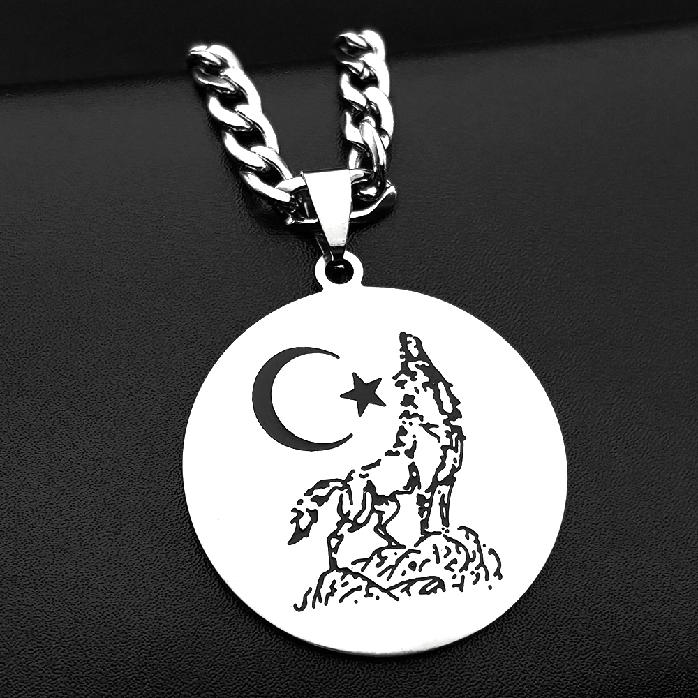 Turkish Wolf Moon Star Stainless Steel Round Pendant Necklace for Women Men Silver Color Islamic Chain Necklace Amulet Jewelry pen gpt