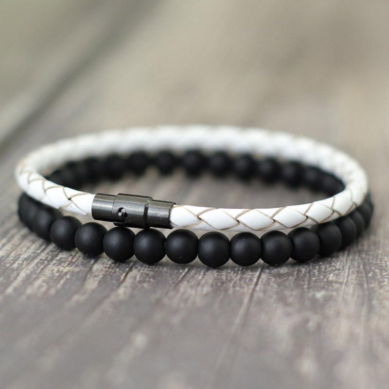 Noter 2Pcs Men Bracelet Set 4mm Genuine Leather Braclet Homme 6mm Black Onyx Stone Beaded Braslet Paired Matching Brazalete