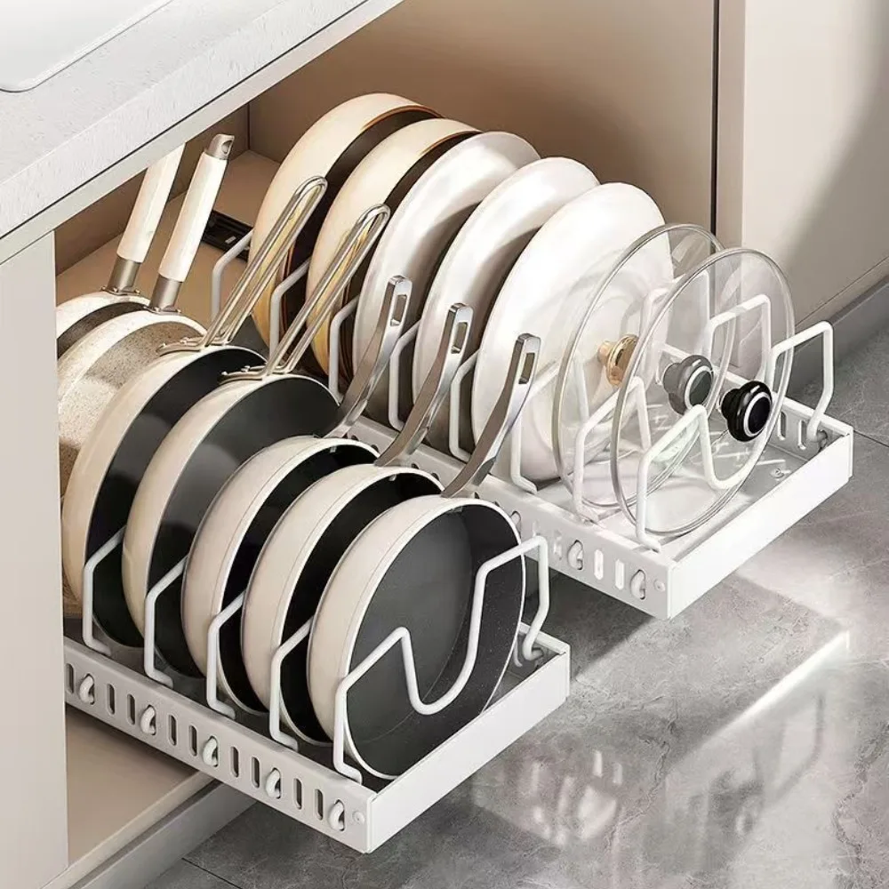 Kitchen Cabinet Pull Out Tray Organizer with Slide Rails Adjustable Storage Rack for Pots Pans and Dishes