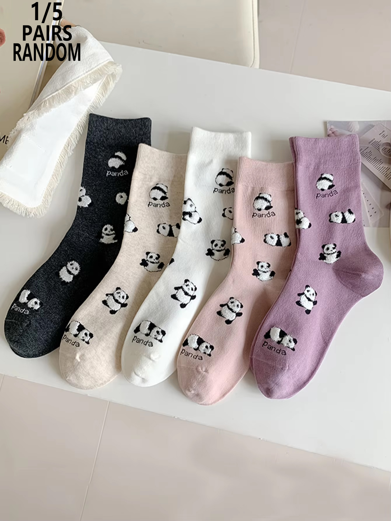 1/5 Pairs Random Ladies Cute Cartoon Panda Socks Comfortable Breathable Mid Calf Fun Fashion Stockings for Women