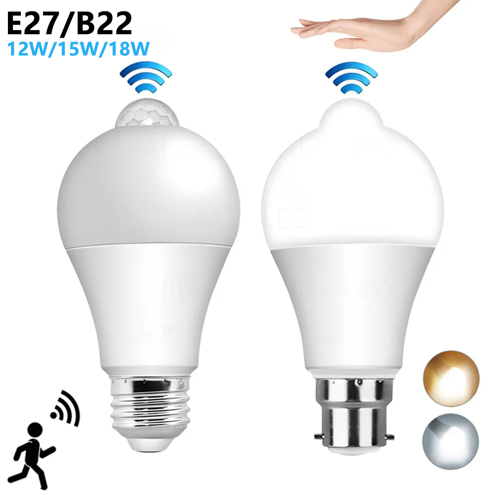 E27 B22 LED Motion Sensor Light Bulb 12W 15W 18W 20W Smart Bulb PIR Auto ON/OFF Night Light For Stairs Garage Bedroom Hallway