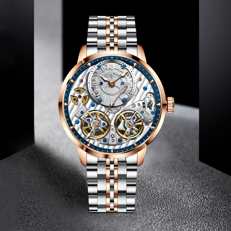 JINLERY Automatic Mechanical Watch for Men Special Double Flywheel Tourbillon Wristwatch Fashion Luxury Clock Relogio Masculino