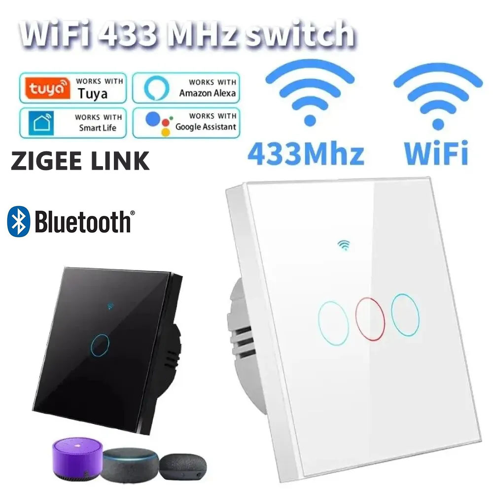 Tuya WiFi Smart Light Switch EU Standard Touch Wall Switch 1/2/3/4 Gang No Neutral RF433 Bluetooth Control for Alexa Google Home lightify