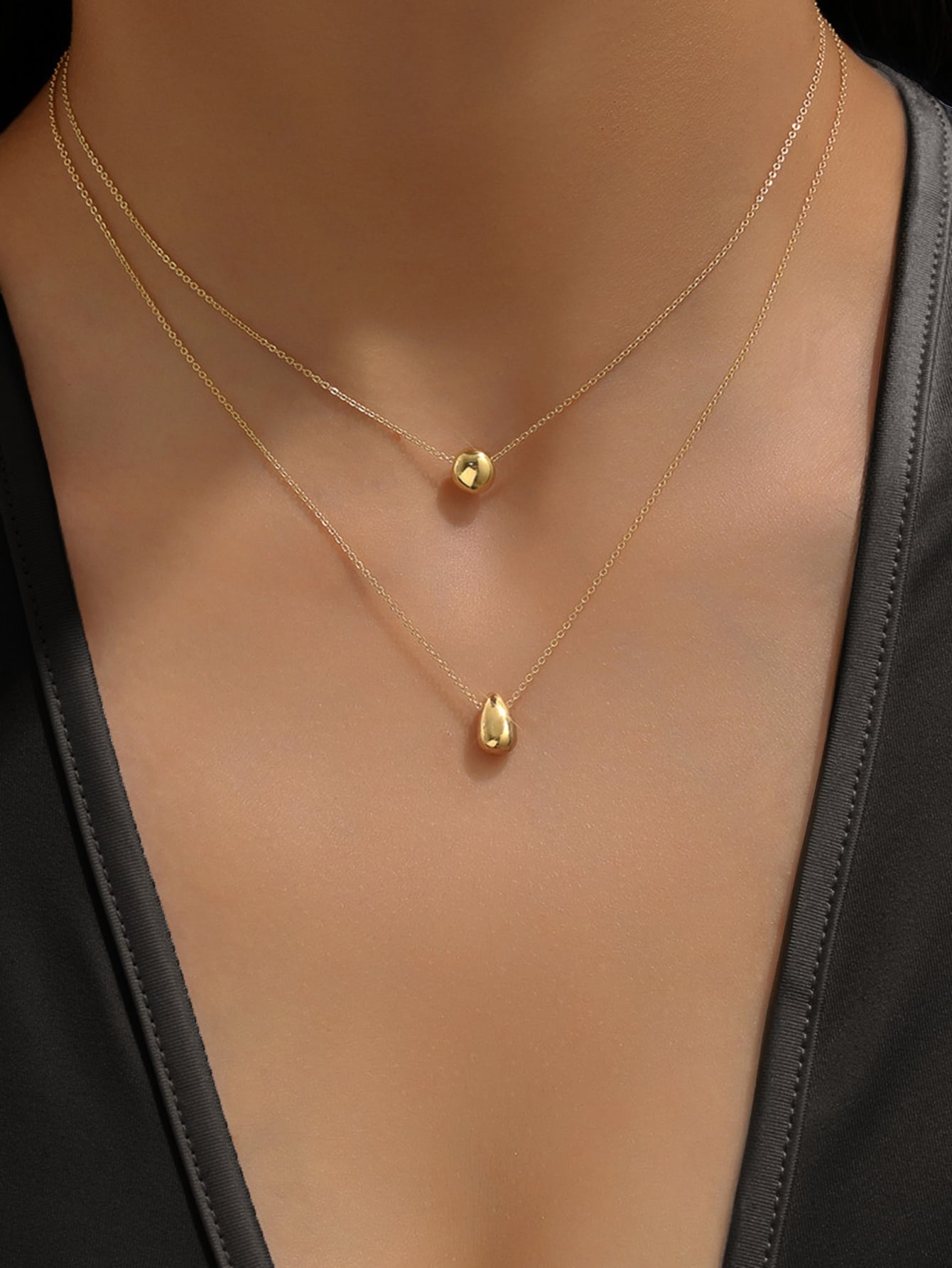 1pc Niche Design Double Layer Water Drop Beaded Stainless Steel Necklace For Women, Minimalist Style, For Women's Party,