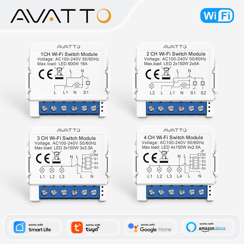 AVATTO WiFi Smart Light Switch Module，1/2/3/4 Gang DIY Breaker Neutral Wire Control Works With Tuya Alexa, Home lightify