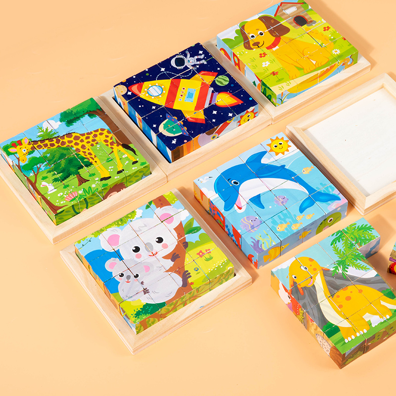 Six Sides Painted Wooden Puzzle Three-Dimensional Traffic Animal Puzzle Building Blocks Early Education Educational Toy