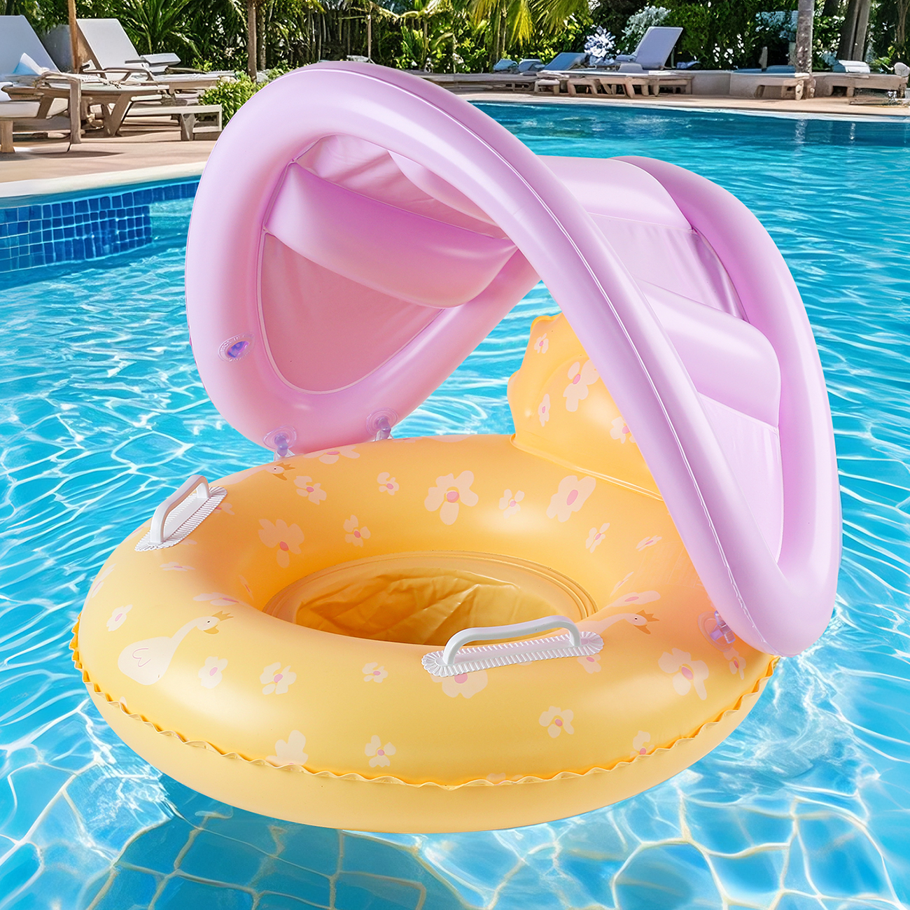 1PC Inflatable Pool Float with Yellow Canopy Seat, for Summer Pool Water Floating
