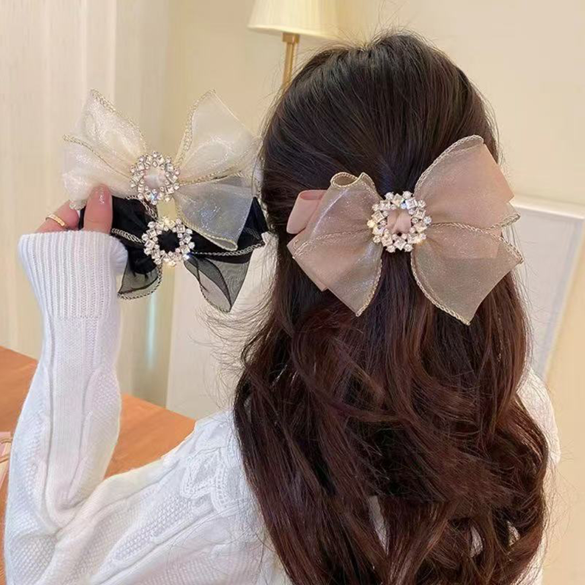 1pc Korean diamond-encrusted mesh bow hairpin, super fairy temperament full of rhinestone round buckle bow high-end spring clip