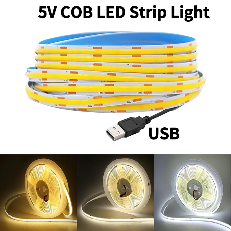 5V COB LED Strip Touch Dimmer USB 320LEDs/m High Density Flexible LED Tape 3000K 4000K 6500K LED Lights Indoor Lighting