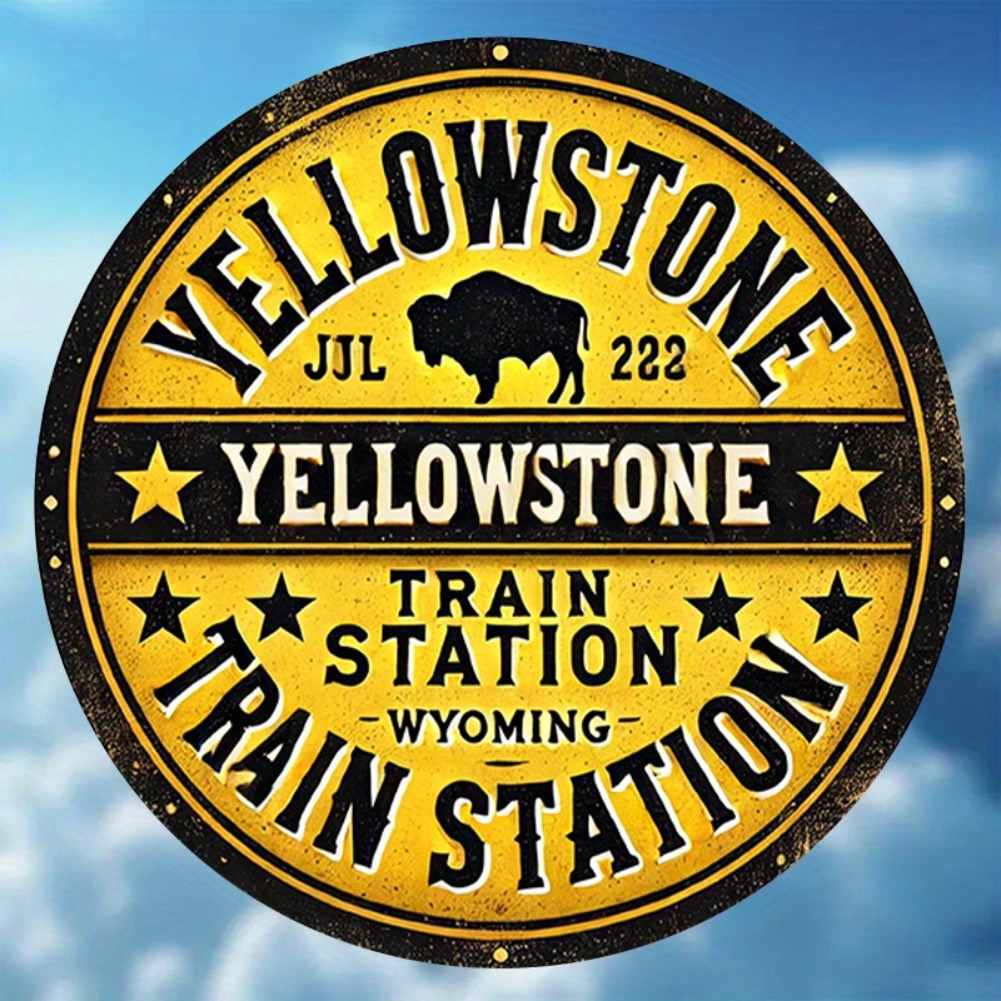 Vintage Yellowstone Train Station Metal Sign - 1pc 8" Round Rustic Aluminum Wall Art, Distressed Yellow & Black with Buffalo