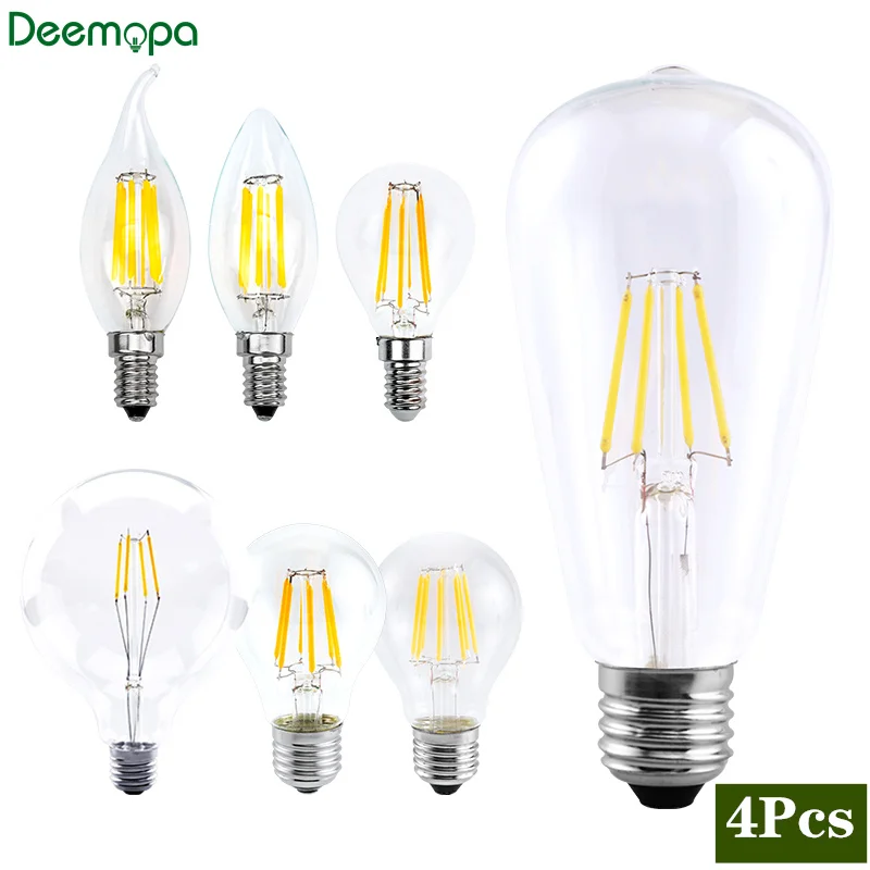 4pcs LED Filament Bulb 2W 4W 6W 8W AC 220V Retro Edison Lamp E27 E14 Vintage Candle Light Globe Lighting COB Home Decor Light