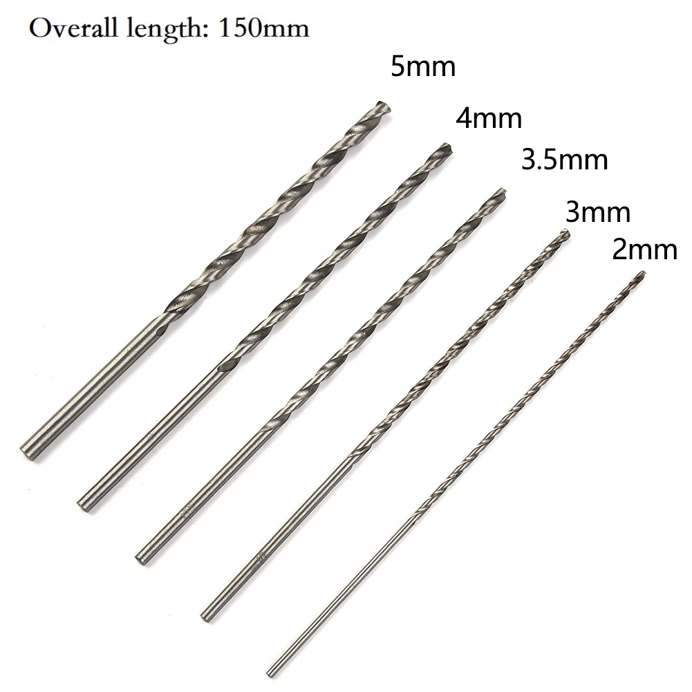 5Pcs Extra Long HSS High Speed Steel 150mm Drill Bit Set 2mm/3mm,3.5mm,4mm,5mm Bits For Wood, Aluminum, Plastic