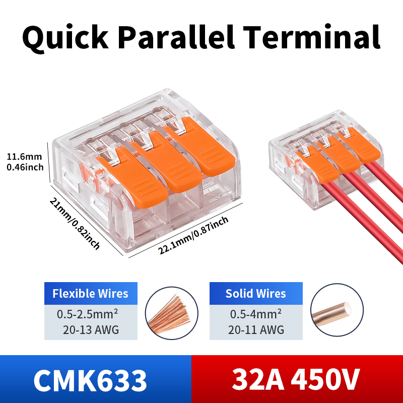 10/20/50pcs 3Ports Mini Quick Lever Wire Connector Electrical Splicing Compact 1 in 2 out Terminal Blocks Wide Capacity 0.2-4mm²
