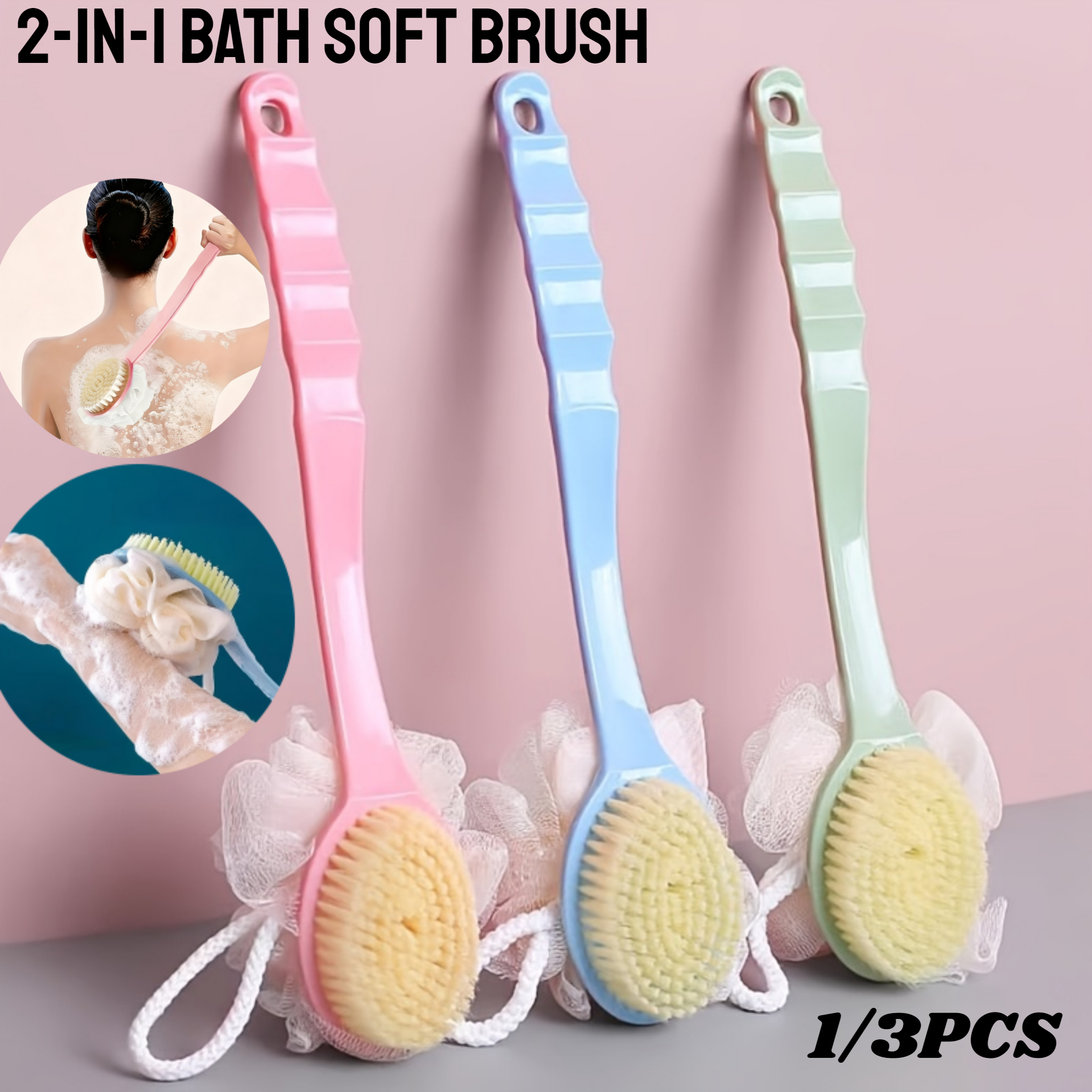2-in-1 Bath Soft Brush Long Handle Shower Body Brush Back Scrubber Anti Slip with Hanging Hole for Body Bathroom Shower Cleaning