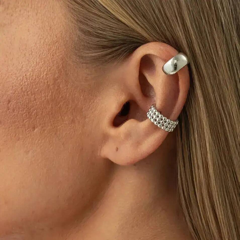 PuRui 2 Pcs/Set Creative Simple Silver Color Non-Piercing Ear Clip Women 2026 New Three Layer Round Bead Ear Accessory Jewelry