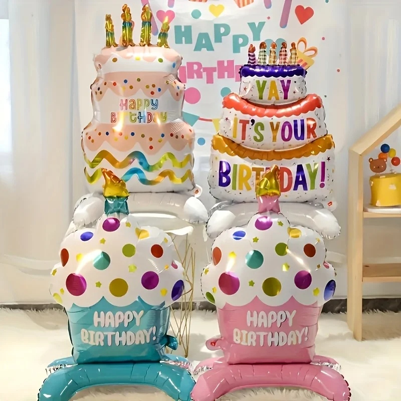 3D Birthday Cake Aluminum Film Balloon Decoration Colored Double Layer Cake 1 Year Old Baby Shower Birthday Party Supplies