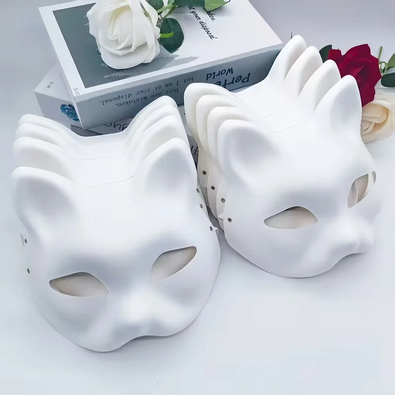 Cute White Cat Face Paper Mask Cosplay Party Halloween Costume Animal Mask Holiday Decor Prop