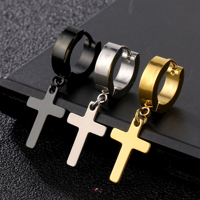 2pc Stainless Steel Men Cross Stars Punk Dangle Earrings Gothic Woman Cross Ear Hoop Earrings Huggies Pendant Piercing Jewelry pen gpt