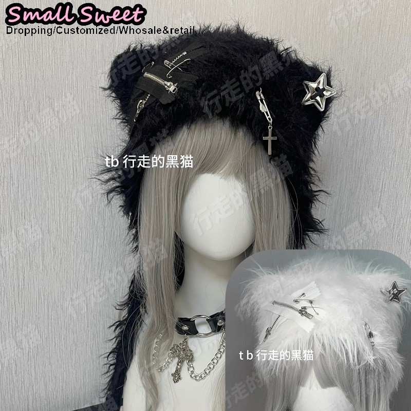 Subculture fluffy Women keep warm Bear Ears Gothic Lolita Y2K Beanie Hat Cap Autumn Winter Hip-hop Cute Pointed Pullover Hats