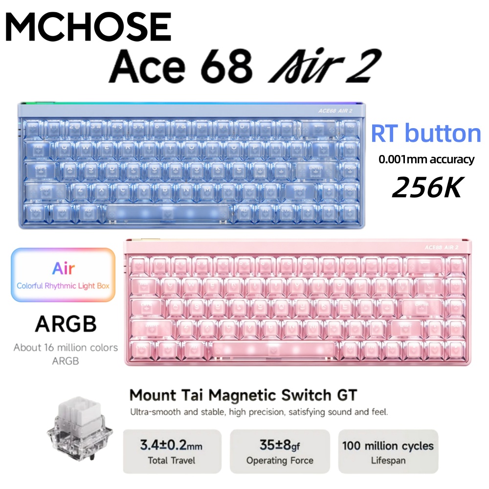 MCHOSE Ace68 Air 2 Gaming Keyboard Taishan GT Switch Aluminum Plate 256K Scan Rate 8k Polling Rate RT Keys 0.001mm Accuracy ARGB