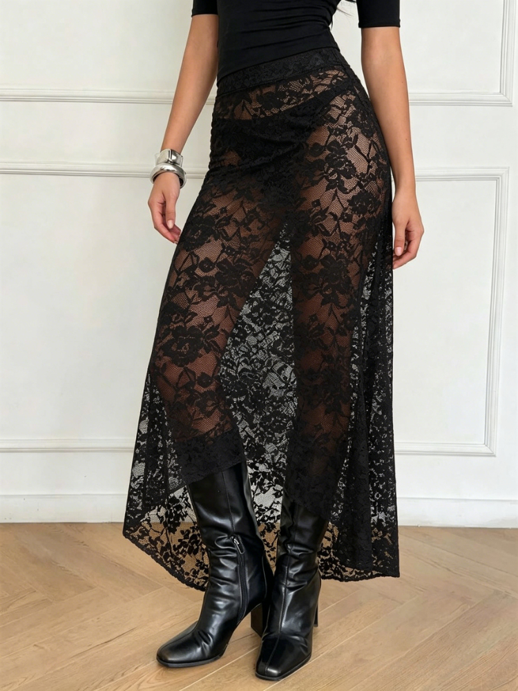 2026 Hot Girl See-through Lace Black Skirts Elegant Women High Waist Summer Party Skirts Casual Streetwear Clothes